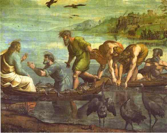 Oil painting:Cartoon for The Miraculous Draught of Fishes. c.1513-1514