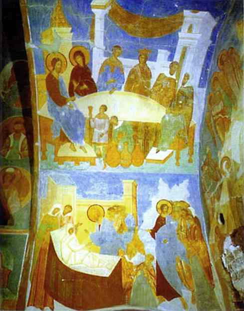 Oil painting:Ceiling mural in the Church of Nativity of the Virgin in the Pherapontov