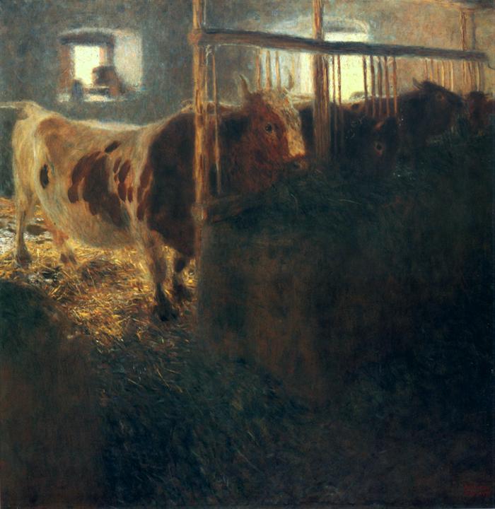 Oil painting:Cows in a Stall. 1900