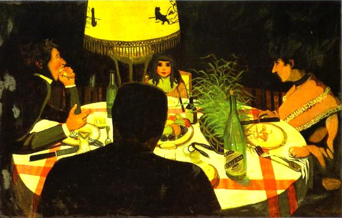 Oil painting:Dinner, By Lamplight. 1899