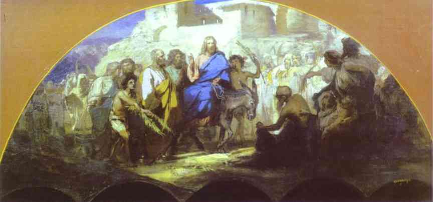 Oil painting:Entrance of Christ into Jerusalem. Sketch for the fresco of the Cathedral of Christ the