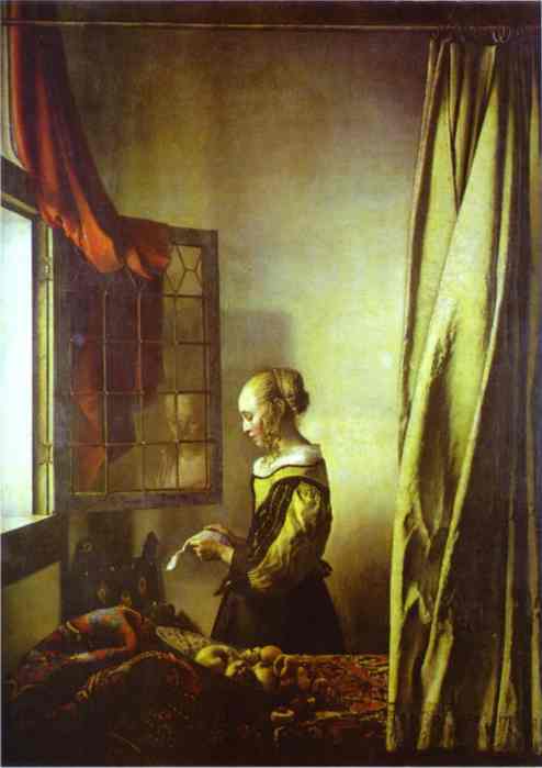 Oil painting:Girl Reading a Letter at an Open Window. c.1657