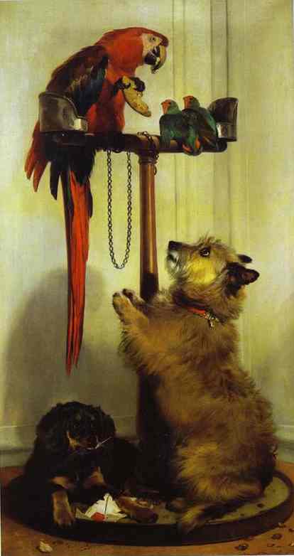 Oil painting:Macaw, Love Birds, Terrier, and Spaniel Puppies, Belonging to Her Majesty. 1839