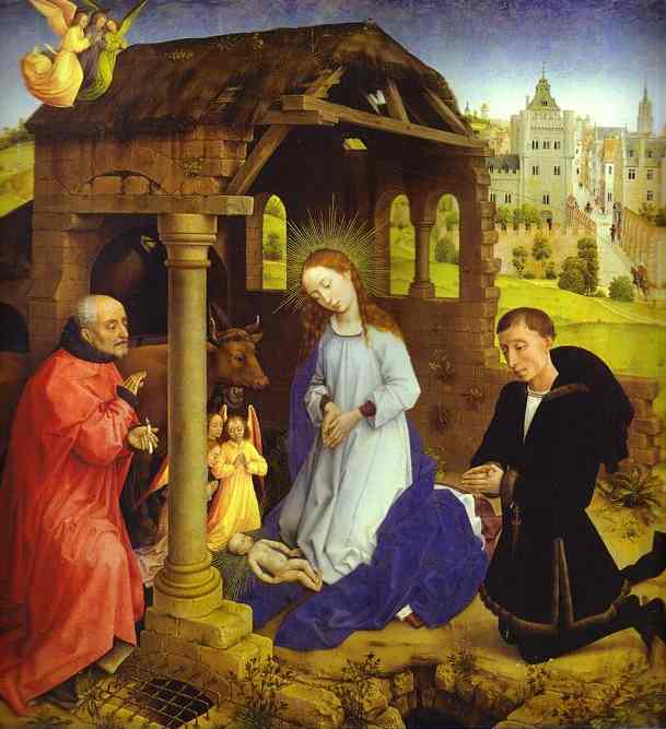 Oil painting:Middelburg Altarpiece. Nativity. Detail. c.1445-1448