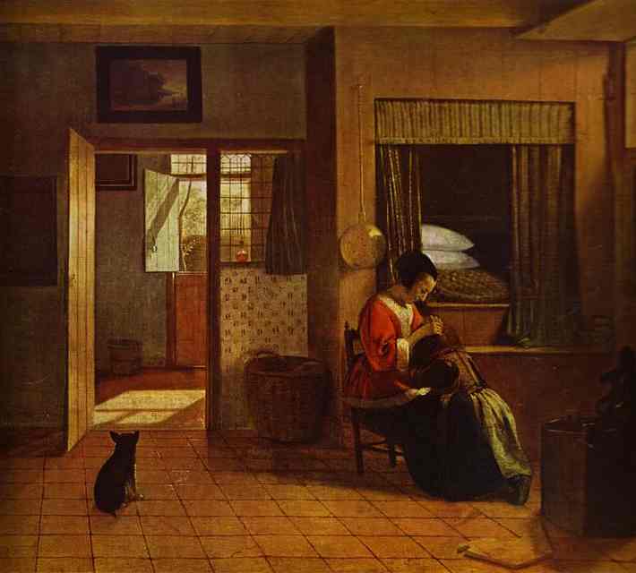 Oil painting:Motherly Care. c. 1660