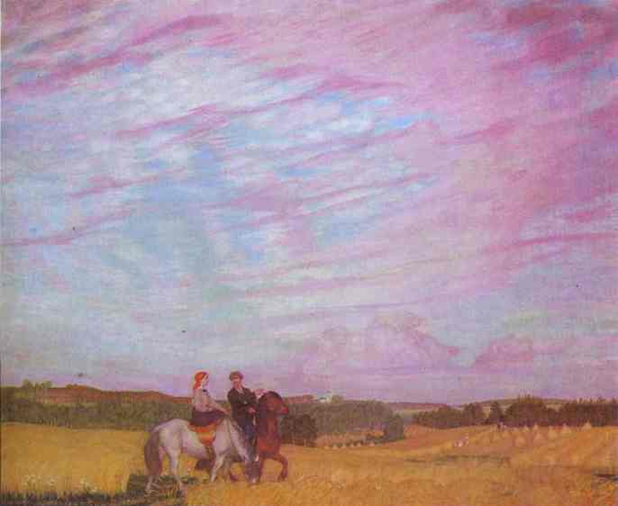 Oil painting: Ride. Boris and Yu. Kustodiyevs. 1915