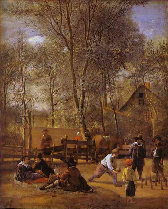 Oil painting:Skittle Players Outside an Inn. c. 1662.