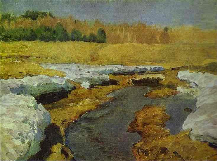 Oil painting:Springtime. The Last Snow. Study. 1895