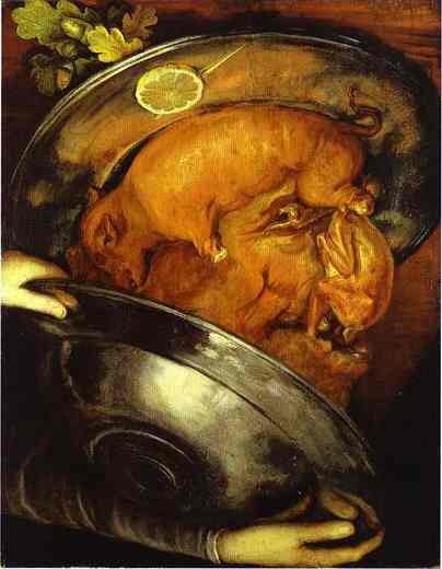 Oil painting:The Cook, a visual pun which can be turned upside down. c.1570