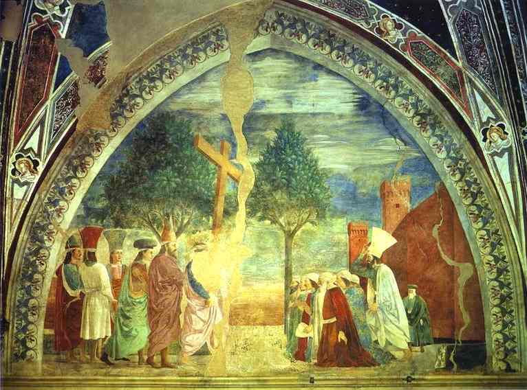 Oil painting:Legend of the True Cross: Exaltation of the Cross. c. 1452