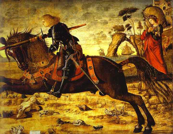 Oil painting:St. George and the Dragon. Detail. 1504