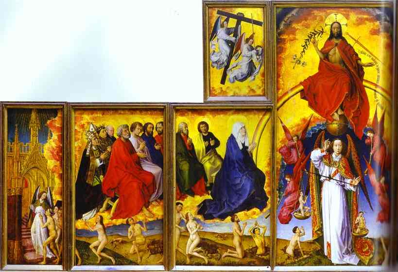 Oil painting:Beaune Altarpiece, interior showing the Last Judgment. c.1450