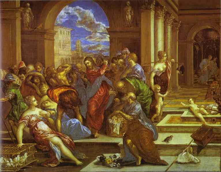 Oil painting:Christ Driving the Traders from the Temple. c.1570
