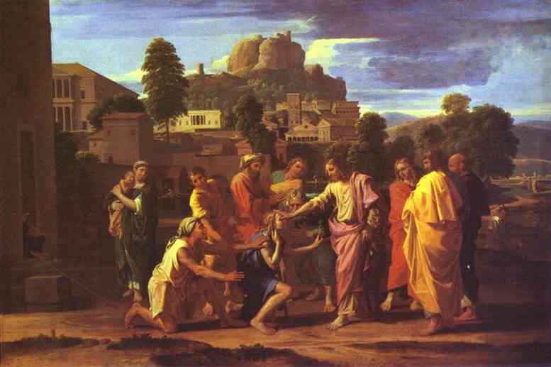 Oil painting:Christ Healing the Blind. Oil on canvas. Louvre, Paris, France.