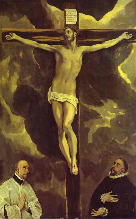 Oil painting:Christ on the Cross Adored by Two Donors. 1585-1590