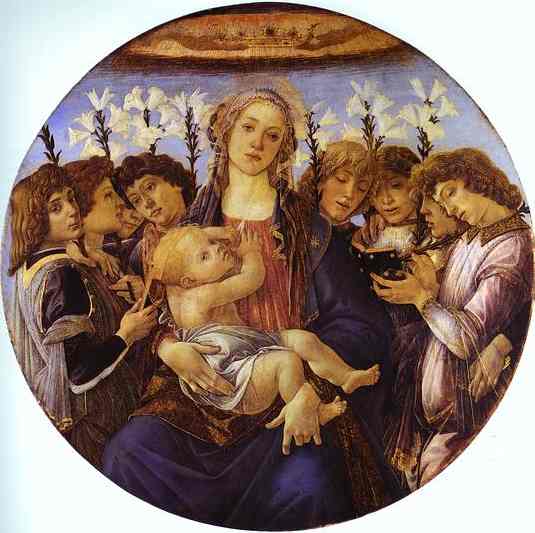 Oil painting:Madonna and Child with Eight Angels (Tondo Raczynski). c.1478