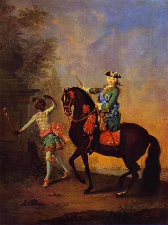 Oil painting:Portrait of Empress Elizaveta Petrovna on Horseback Followed by an Arab Boy. 1743