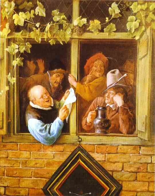 Oil painting:Rhetoricians at a Window. c. 1662