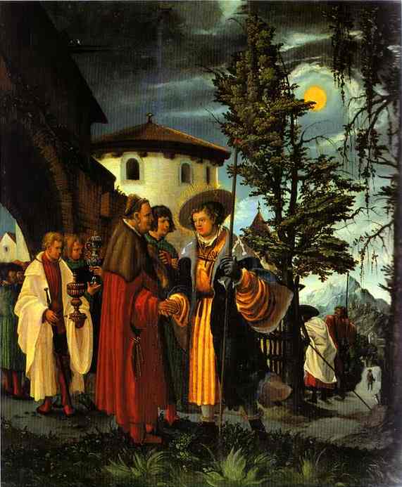 Oil painting:The Departure of St. Florian (panel from the St. Florian altar). c.1515