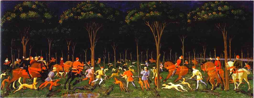 Oil painting:The Hunt in the Forest. c. 1465