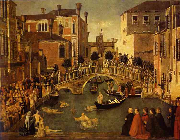 Oil painting:The Recovery of the Relic of the True Cross at the Bridge of S. Lorenzo. 1496