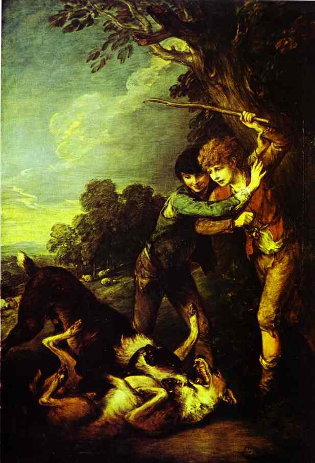 Oil painting:Two Shepherd Boys with Dogs Fighting. Exhibited R.A. 1783