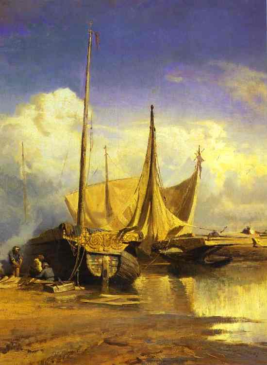 Oil painting:Volga View. Barges (detail). 1870