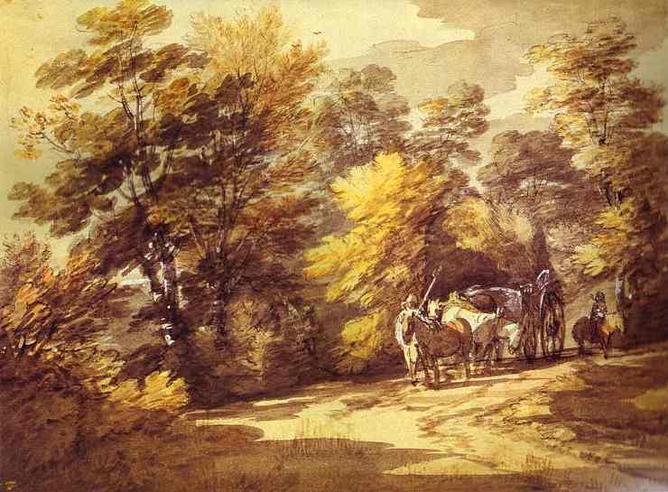 Oil painting:Wooded Landscape with a Waggon in the Shade. 1760