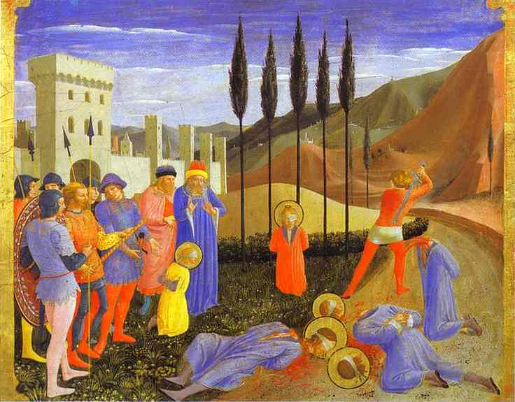 Oil painting:San Marco Altarpiece: Cosmas and Damian Are to Be Burnt Alive. c. 1439-1442