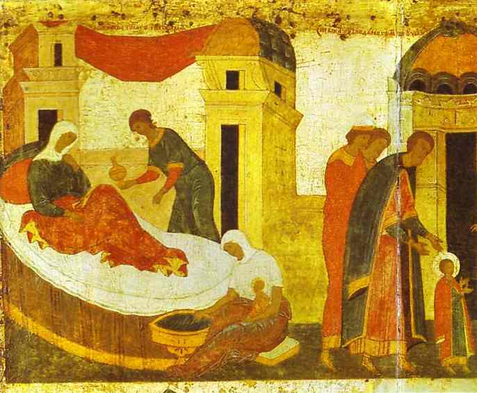 Oil painting:The Birth of Elevfery-Alexius. Border scene of St. Alexius, Metropolitan of Moscow,
