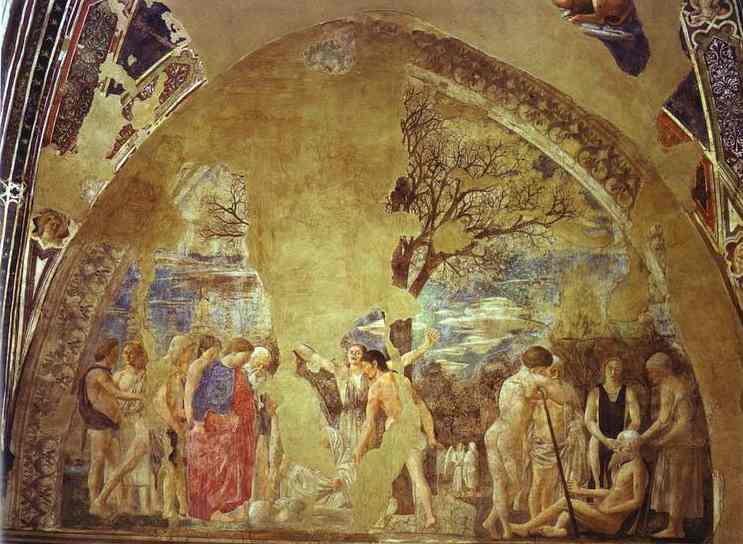 Oil painting:Legend of the True Cross: Death of Adam. 1452-1466