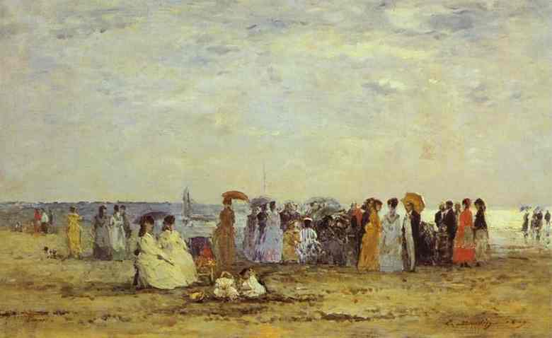 Oil painting:Bathers on the Beach at Trouville. 1869