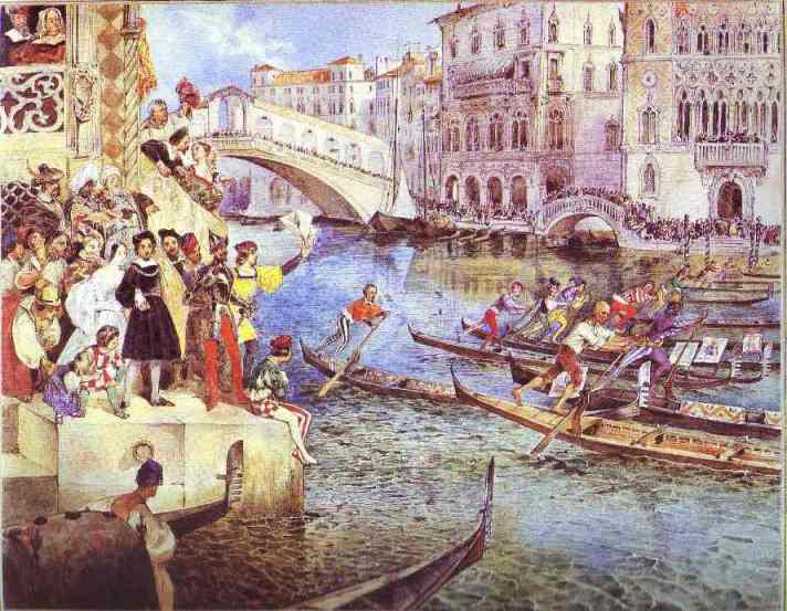 Oil painting:Gondola Races on the Grand Canal in Venice. 1830