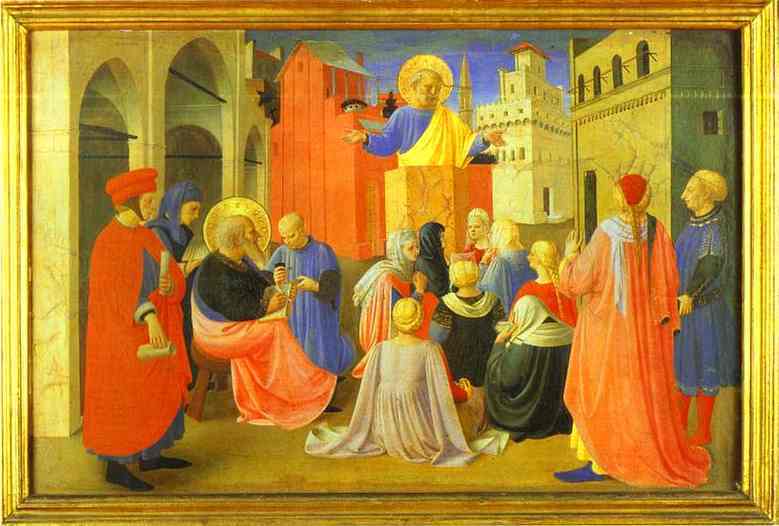 Oil painting:Linaiuoli Tabernacle: Peter Preaching with Mark. Predella. 1433