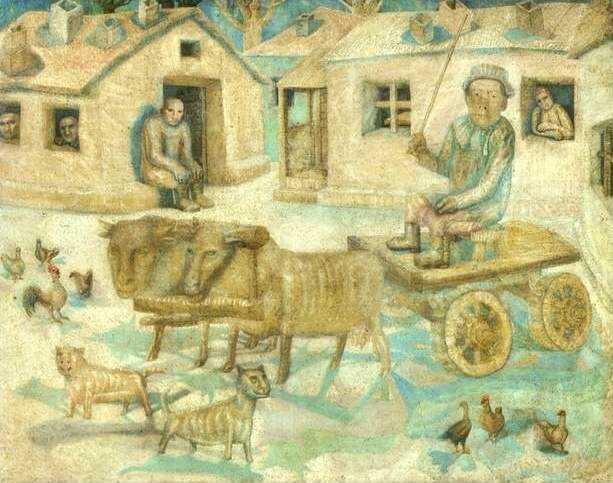 Oil painting:Oxen. Scene from the Life of Savages. 1918