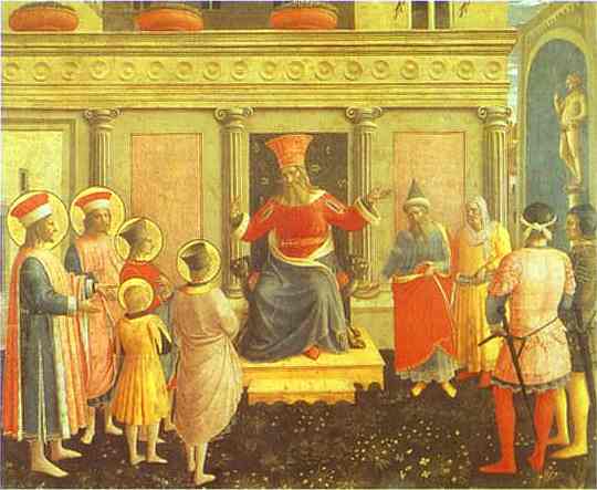 Oil painting:San Marco Altarpiece: The Healing of Palladia. Predella. c. 1439-1442