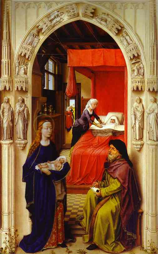 Oil painting:St. John Altarpiece. The Birth of St. John the Baptist. Left wing. c.1455-1460
