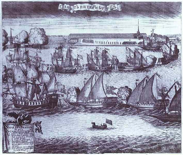 Oil painting:The Bringing of 4 Swedish Frigates in St. Petersburg after the Victory in the Battle of