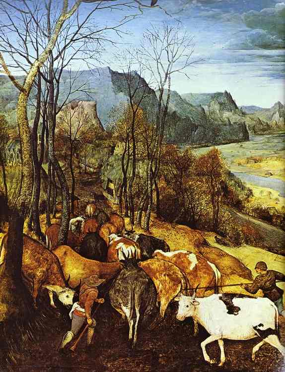 Oil painting:The Return of the Herd (November). Detail. 1565
