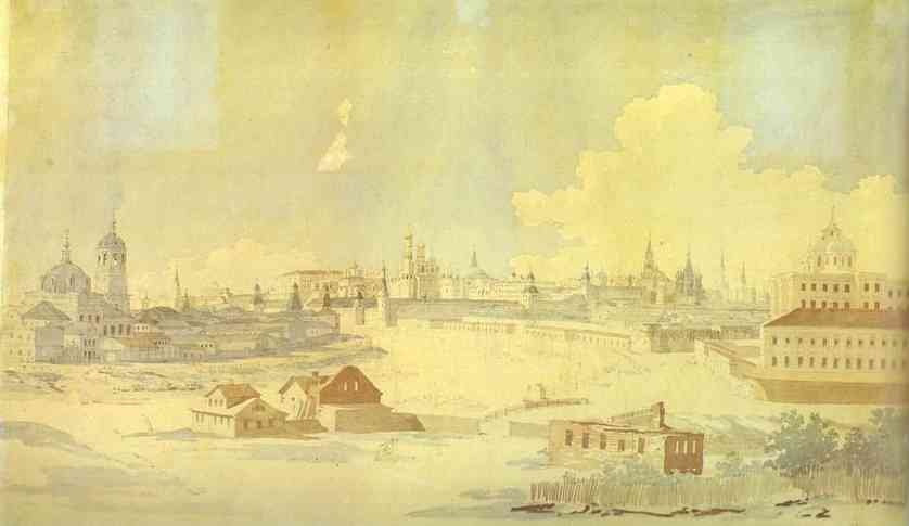 Oil painting:View from Yauza on Kremlin in Moscow.
