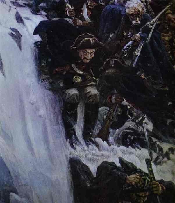 Oil painting:Russian Troops under Suvorov Crossing the Alps. Detail. 1899