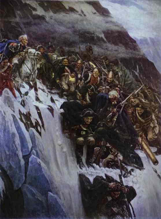 Oil painting:Russian Troops under Suvorov Crossing the Alps. 1899