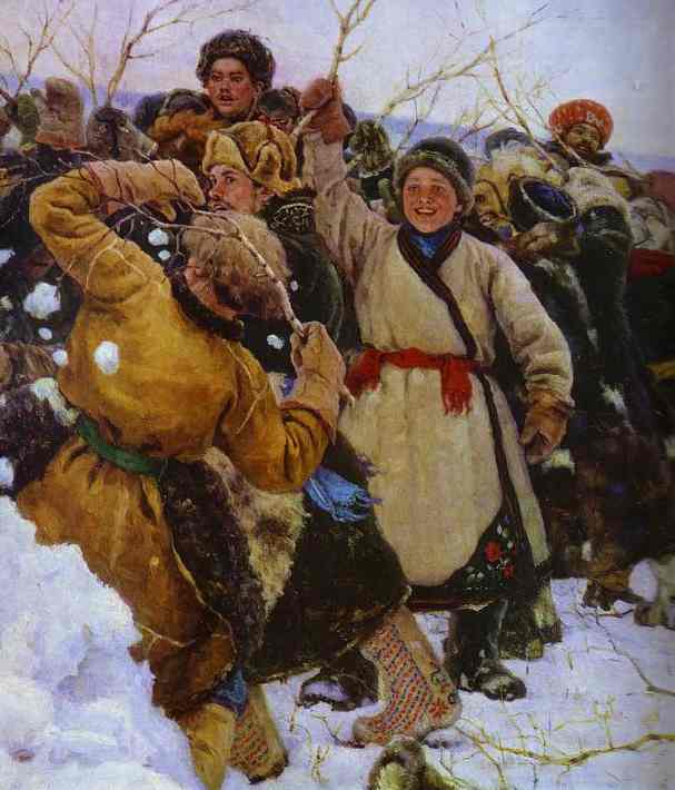 Oil painting:The Taking of a Snow Fortress. Detail. 1891