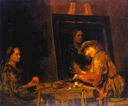 Oil painting:Self-Portrait at an Easel Painitng an Old Woman. 1685