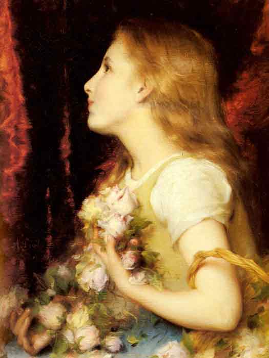 Oil painting for sale:A Young Girl with a Basket of Flowers