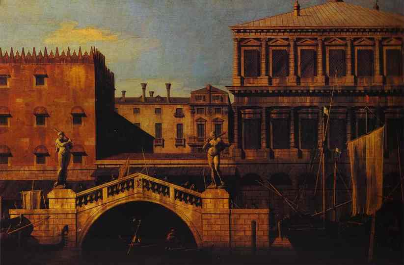 Oil painting:Capriccio: the Ponte della Pescaria and Buildings on the Quay. 1742