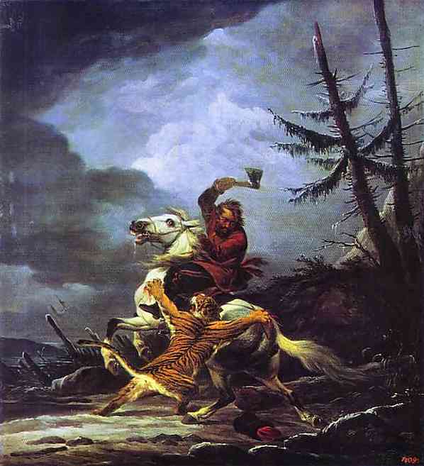 Oil painting:Cossack Fighting off a Tiger. 1811