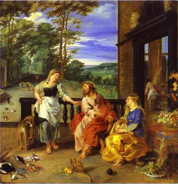 Oil painting:Jan Bruegel the Younger and Peter Paul Rubens. Christ in the House of Martha and Mary.