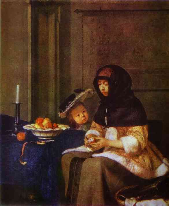 Oil painting:Lady Peeling an Apple. c. 1661