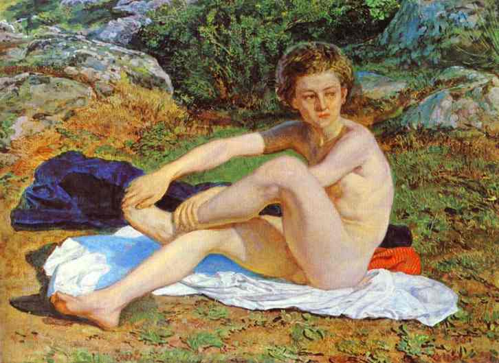 Oil painting:Nude Boy on a White Blanket. 1850